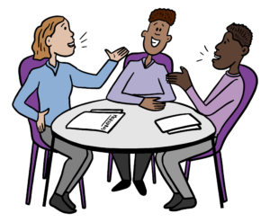 Decorative image of three people having a conversation around a table