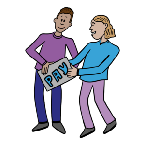 Decorative image of two people holding an envelop that says 'pay'