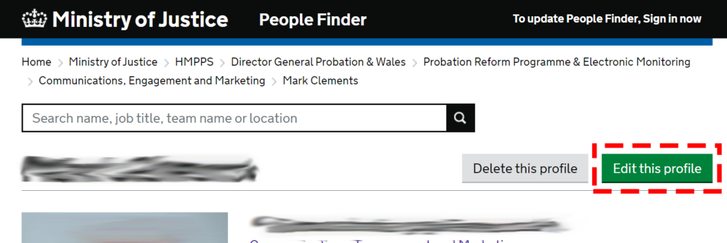 Image showing location of 'Edit this profile' button